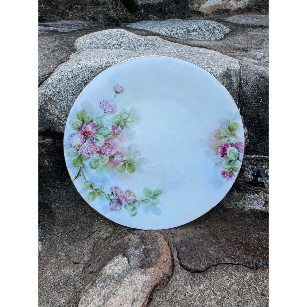 Vintage Bavaria Porcelain Plate Pink Clover Floral Gold Rim 7.75 Inch German